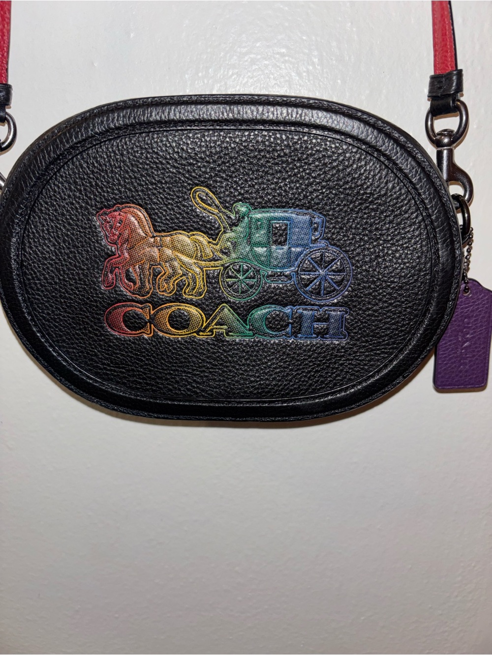 Coach Black Pebbled Leather Crossbody with Rainbow Coach Carriage